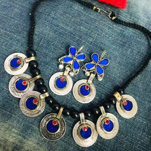 Afghan Tribal Vintage Coins Jewelry Set, Necklace With Earrings, Glass Stones
